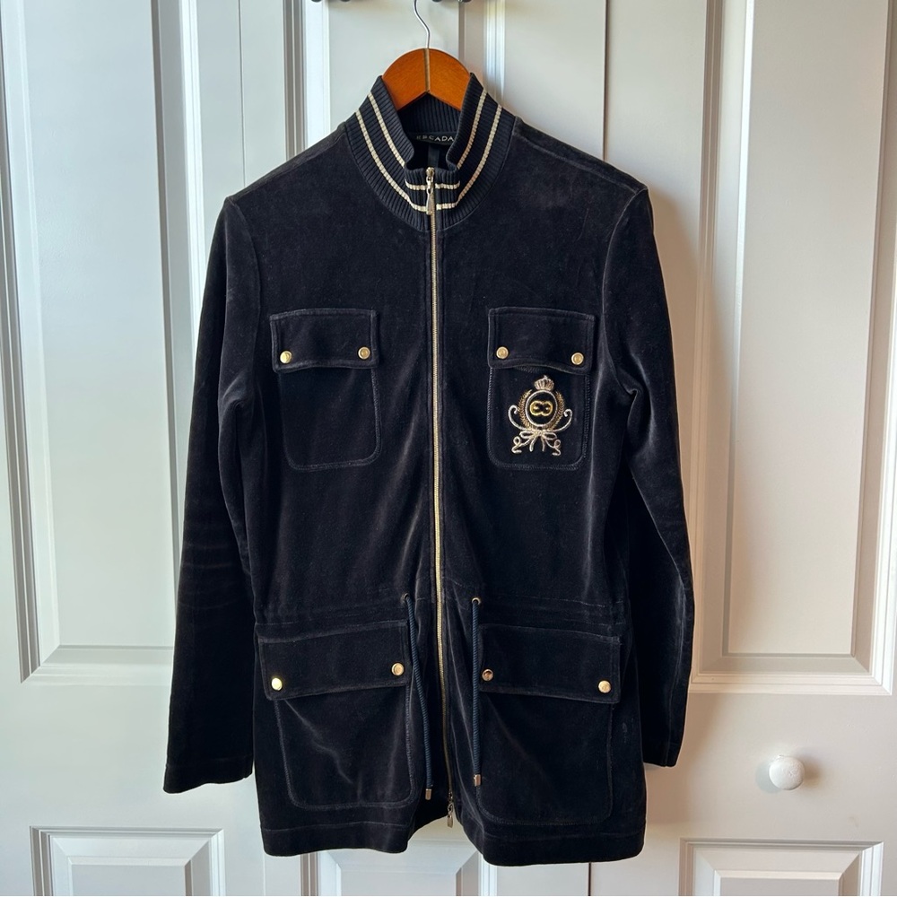 🖤 ESCADA Black Velour Bomber Jacket with Gold Embroidery – Size Medium to Large